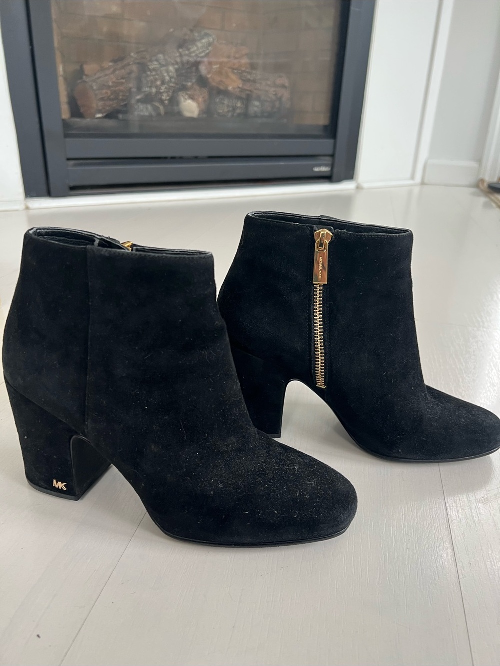 MICHAEL Michael Kors Black Suede Ankle Booties with Gold Accents